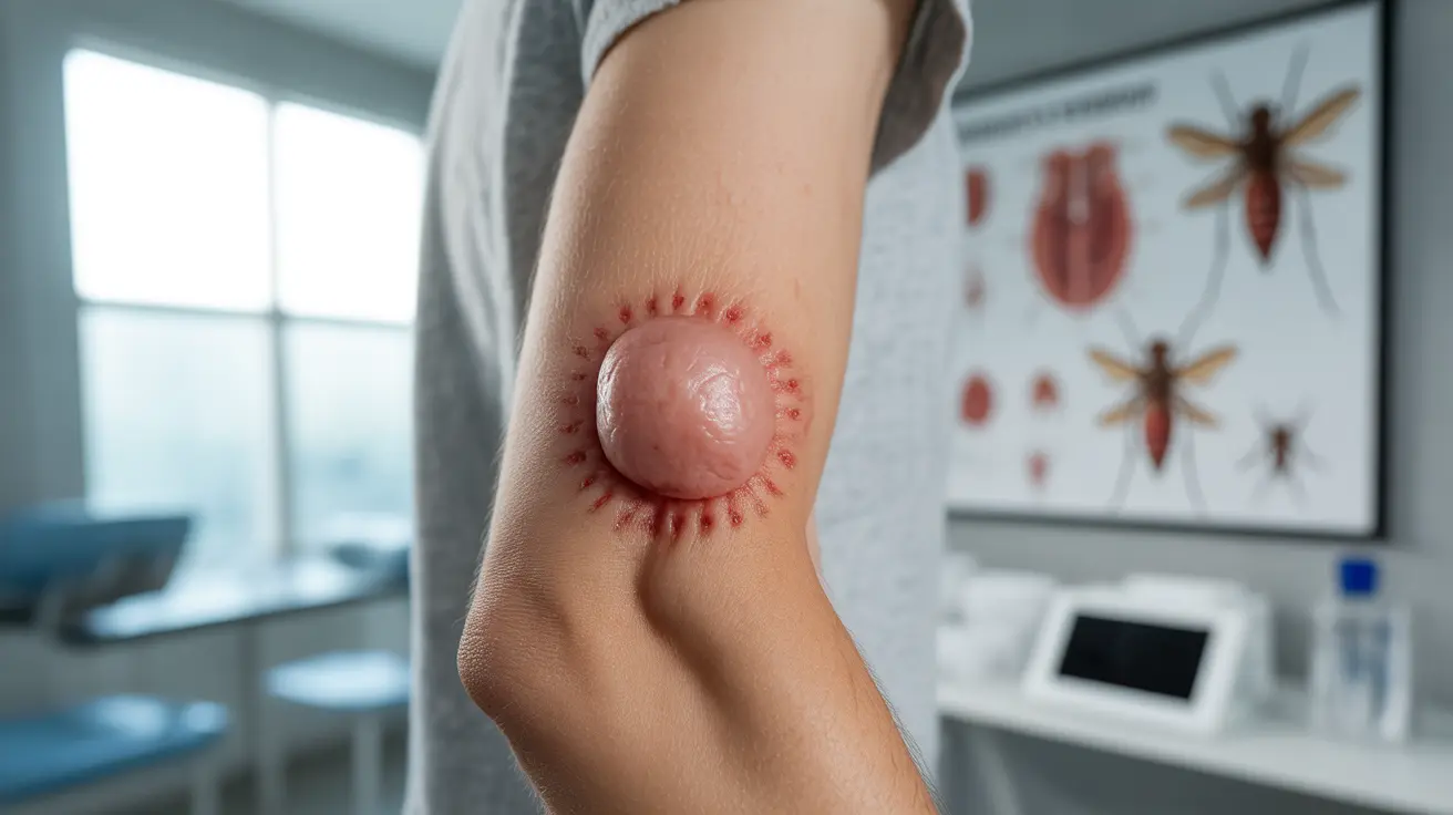 Detailed illustration of a person's arm with a large swollen mosquito bite indicating skeeter syndrome, clinical background with medical diagrams, bright clinical lighting, informative mood.