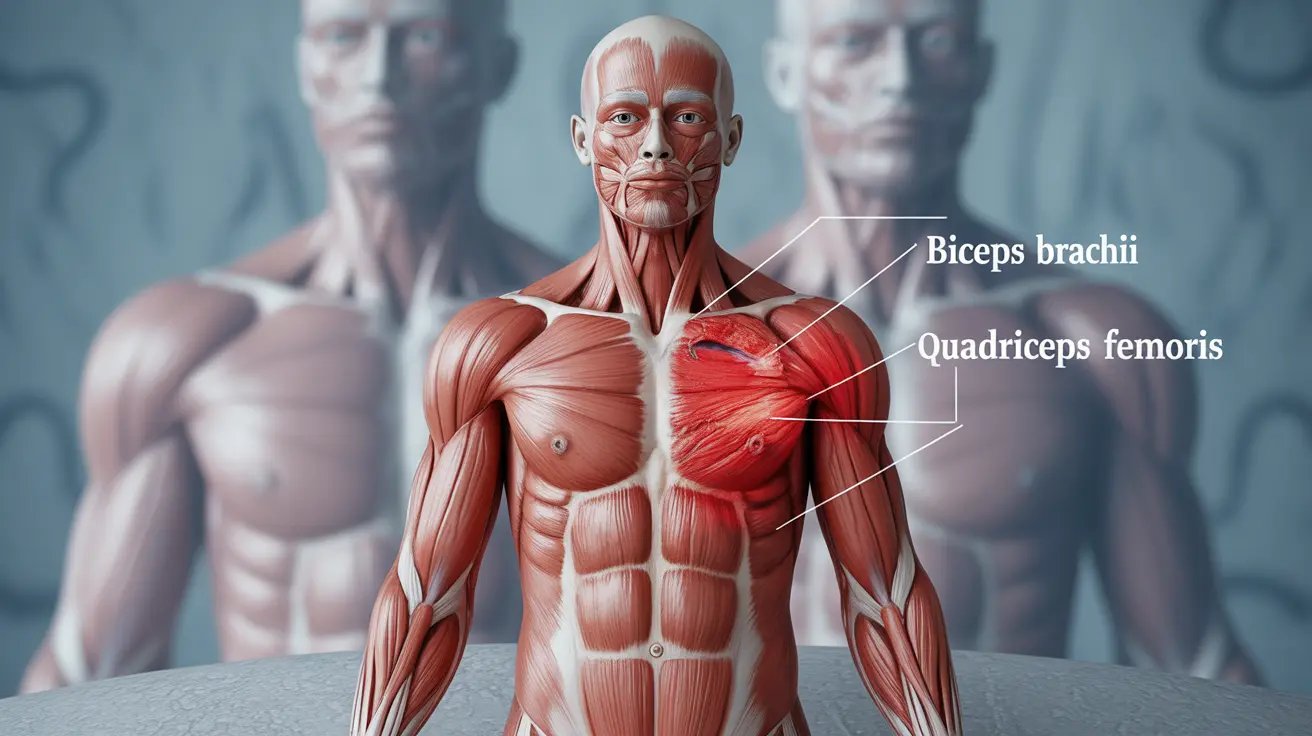 Detailed anatomical illustration of skeletal muscles highlighting areas affected by myositis, with visible inflammation in red, soft clinical lighting.