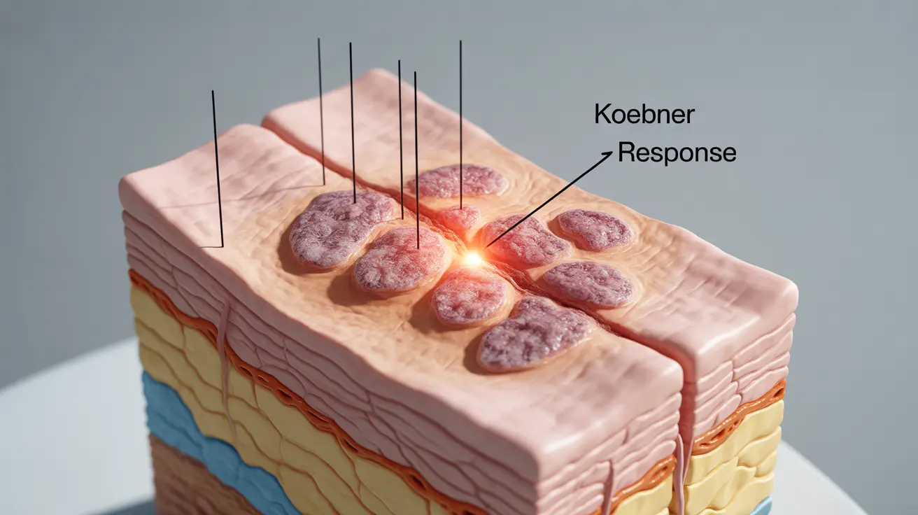 Detailed illustration depicting skin layers with psoriasis lesions developing at the site of trauma, bright clinical lighting, educational style emphasizing the Koebner response, clear labels indicating various skin layers and injury points.