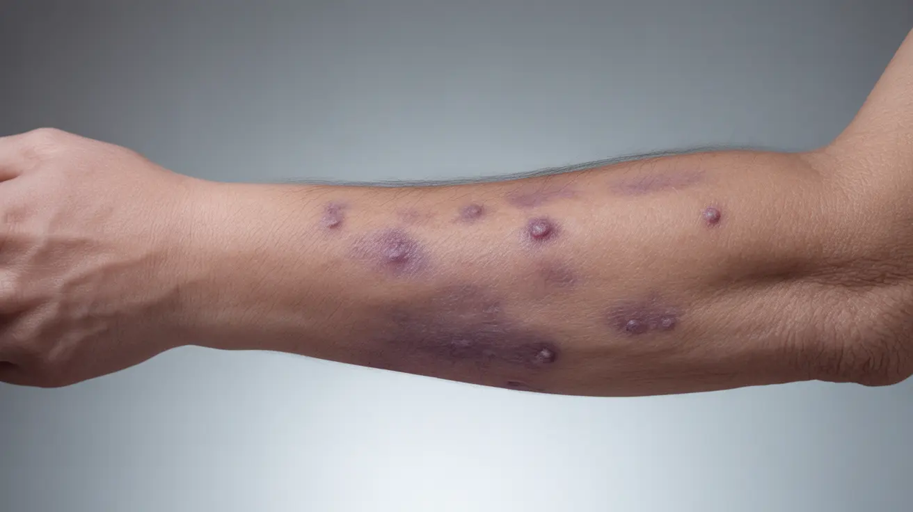 Detailed illustration showcasing skin manifestations of chronic lymphocytic leukemia, including red and purple rashes, easy bruising, and raised nodules against a neutral clinical background.
