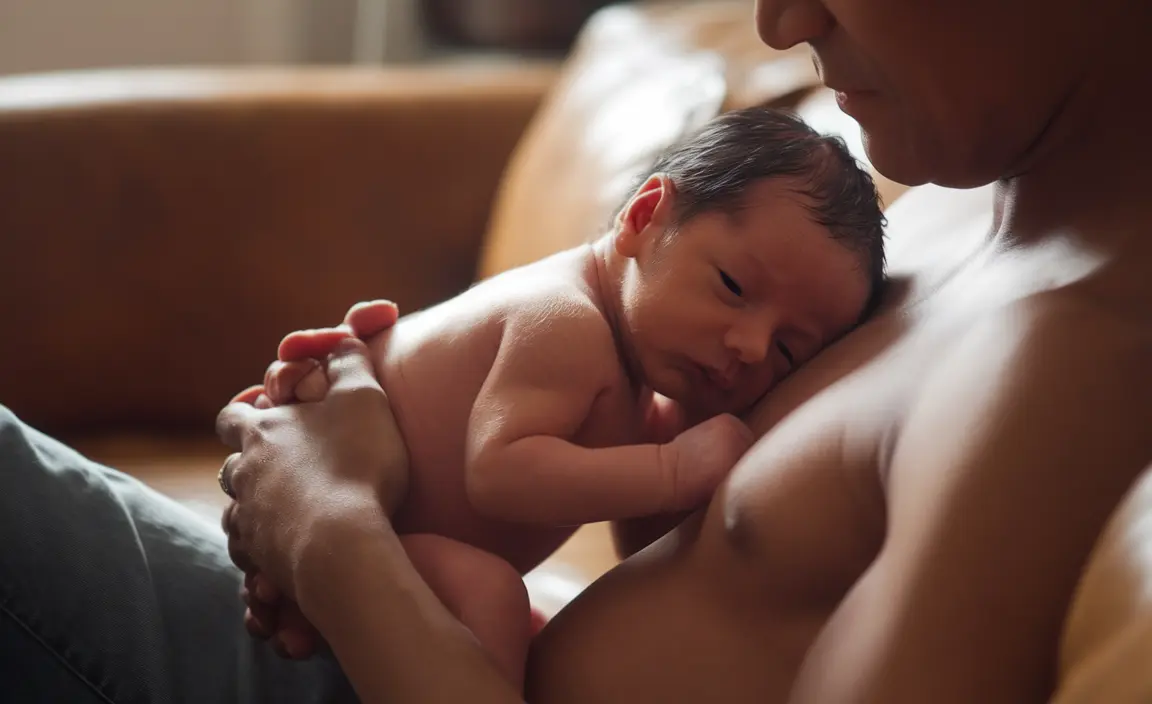 Close-up of a parent holding a newborn against bare chest in a warm living room setting, highlighting skin-to-skin contact and nurturing bond.