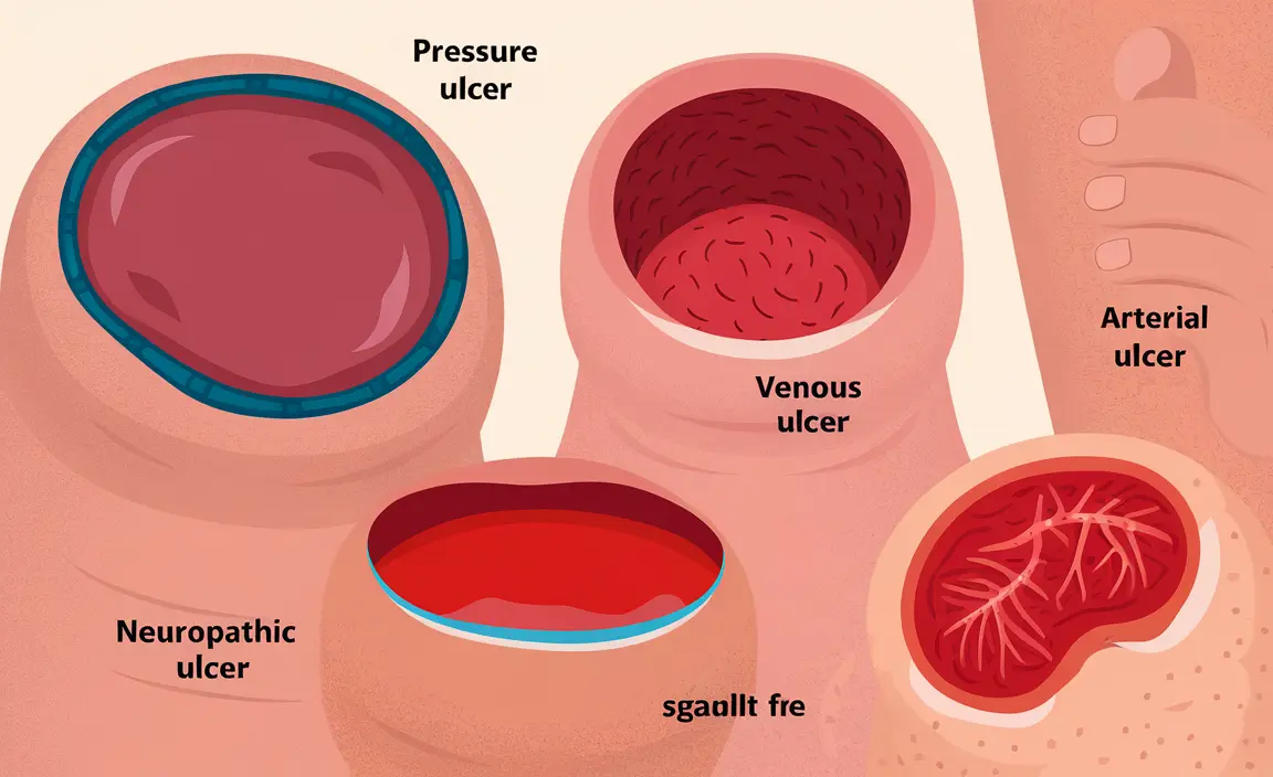 Detailed illustration of various skin ulcer types like pressure, venous, arterial, and neuropathic ulcers with clear labels and characteristics, set against a medical textbook-style background