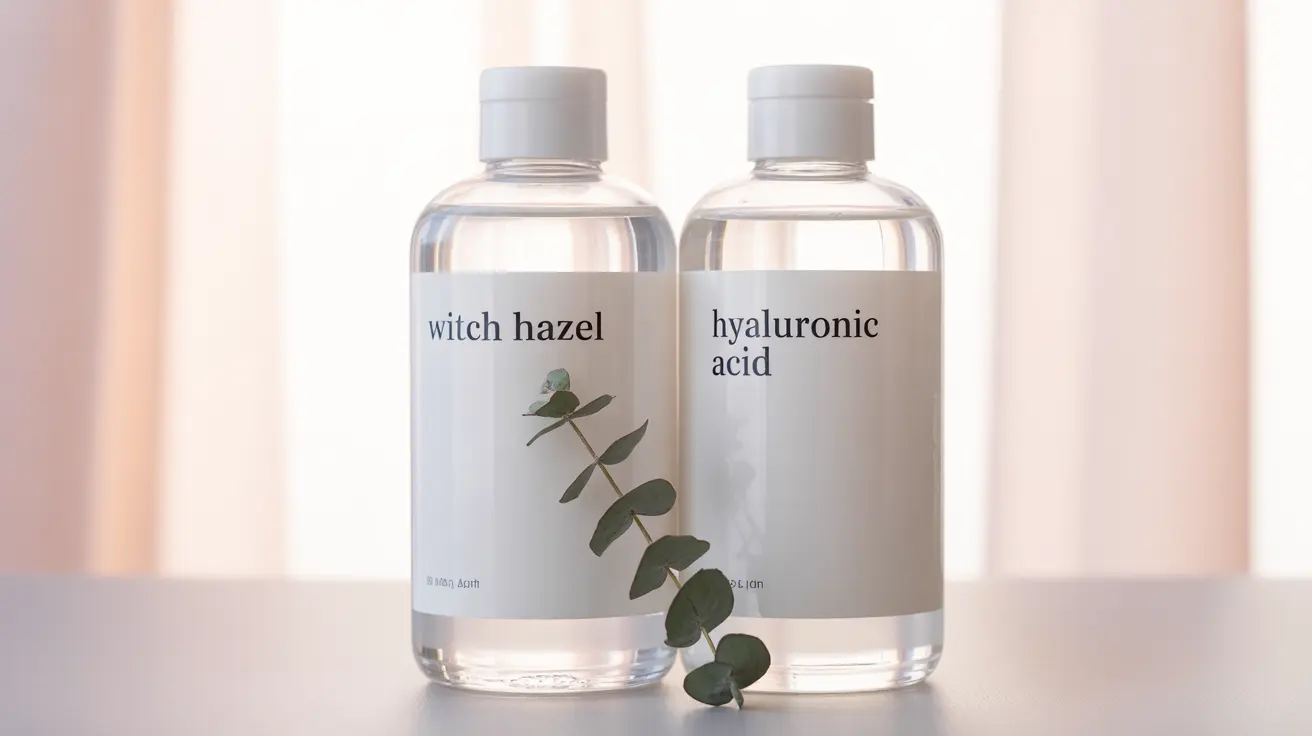 Detailed illustration of astringent and toner bottles with ingredient labels like hyaluronic acid and witch hazel in a clean, minimalist setting.