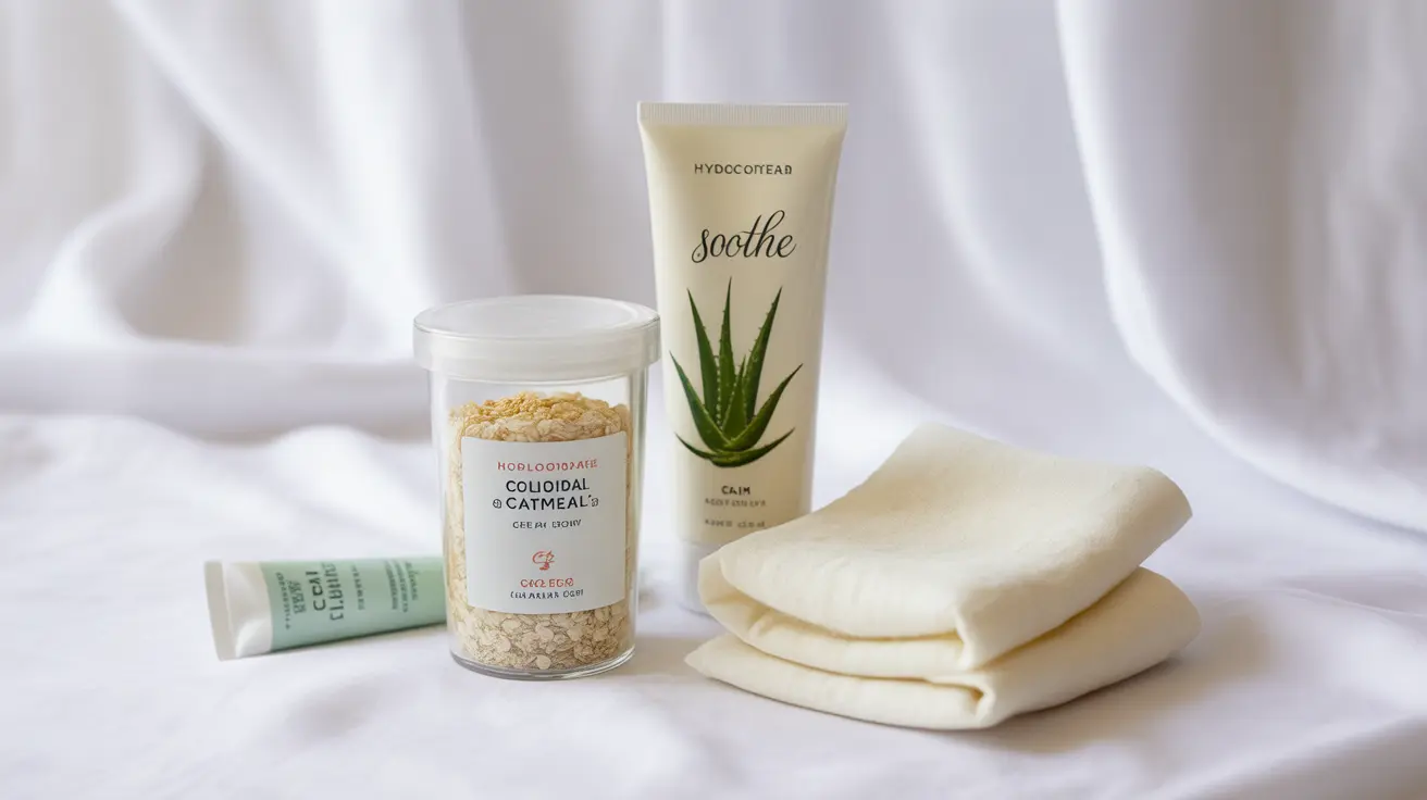Illustration of skincare products: colloidal oatmeal, aloe vera gel, cool compress, hydrocortisone cream on white background