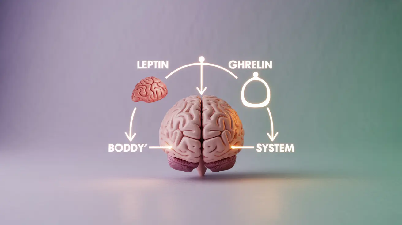 Abstract concept illustration showing a brain, leptin and ghrelin hormones, and a weight scale linked by arrows, illustrating the physiological link between sleep deprivation and weight gain