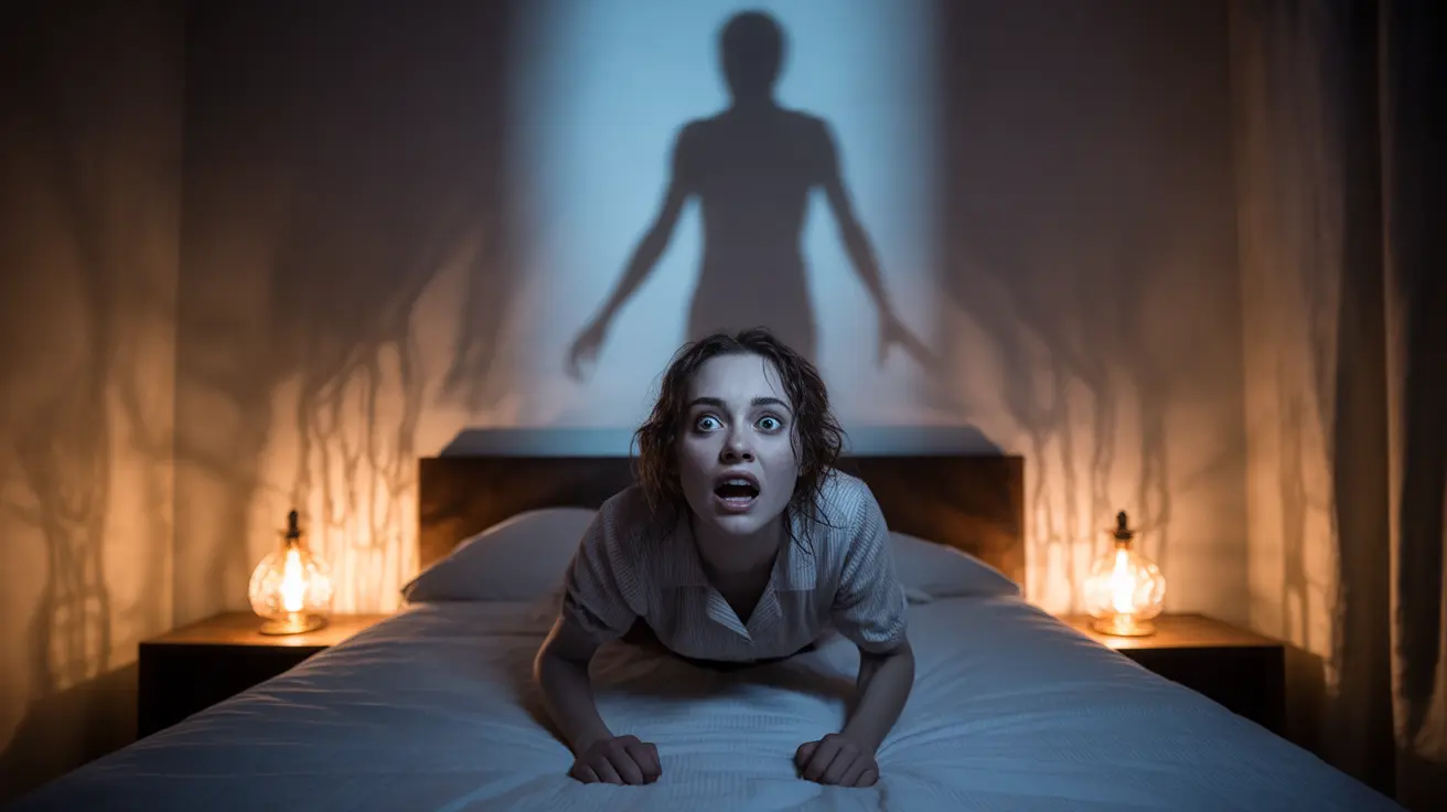 Shadowy figure representing sleep paralysis demon hovering over person in bed, dimly lit room, surreal atmosphere