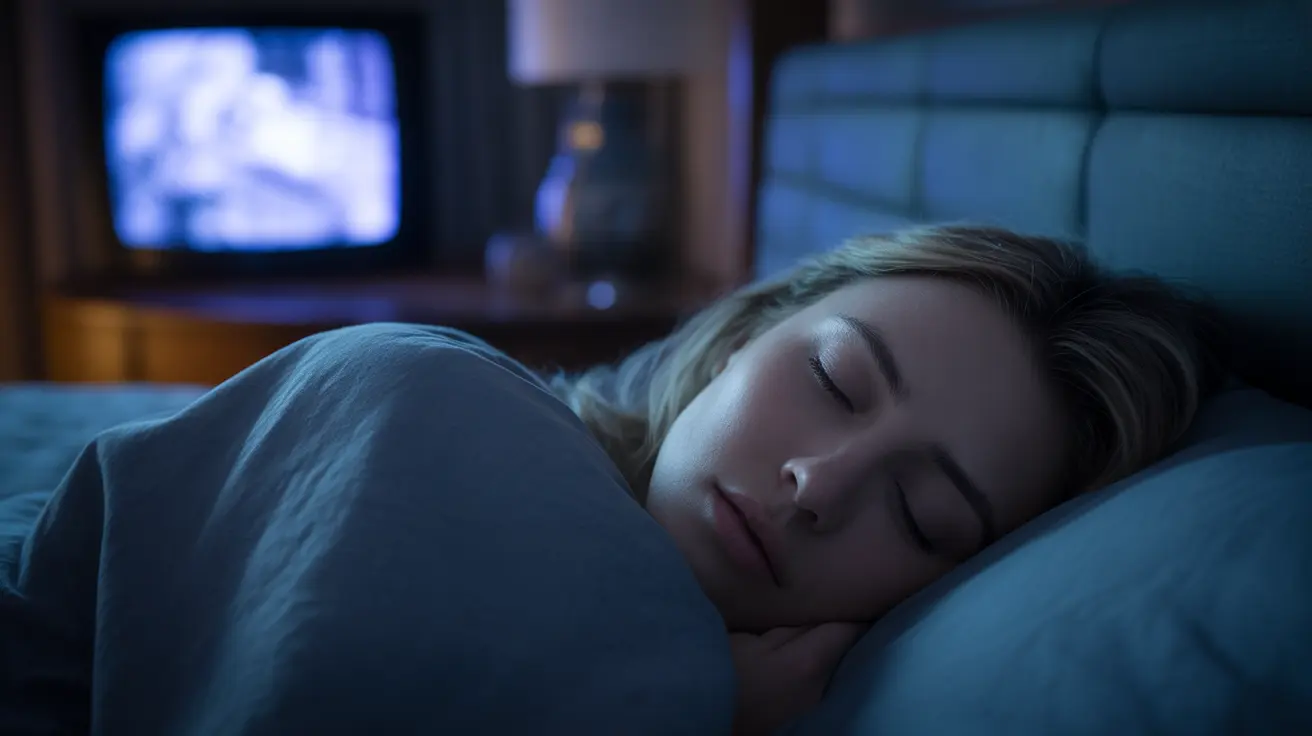 Person sleeping with soft blue glow from TV illuminating dim bedroom, emphasizing disruption and incomplete rest