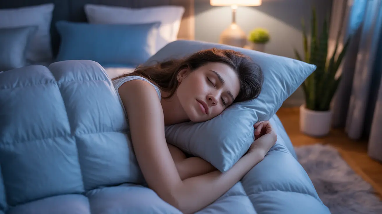 Person sleeping peacefully under comfortable bedding in a cozy bedroom at night with a calm and restful mood