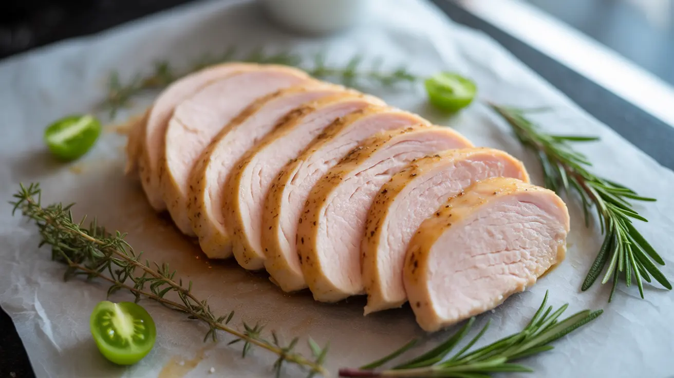 Close-up shot of sliced cooked, skinless chicken breast on a clean kitchen countertop, surrounded by fresh herbs and vegetables under bright daylight.