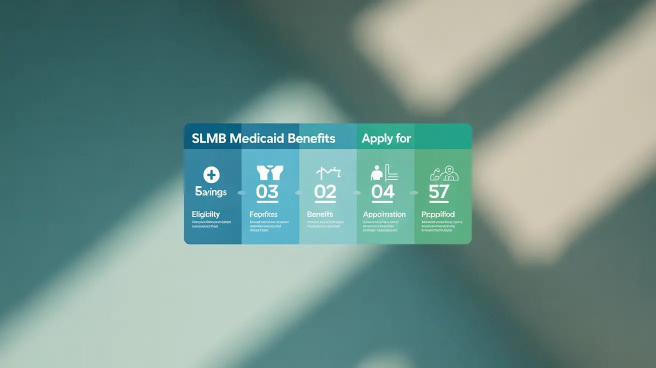 Infographic on steps to apply for SLMB Medicaid benefits, showing key savings and components with blue and green healthcare colors