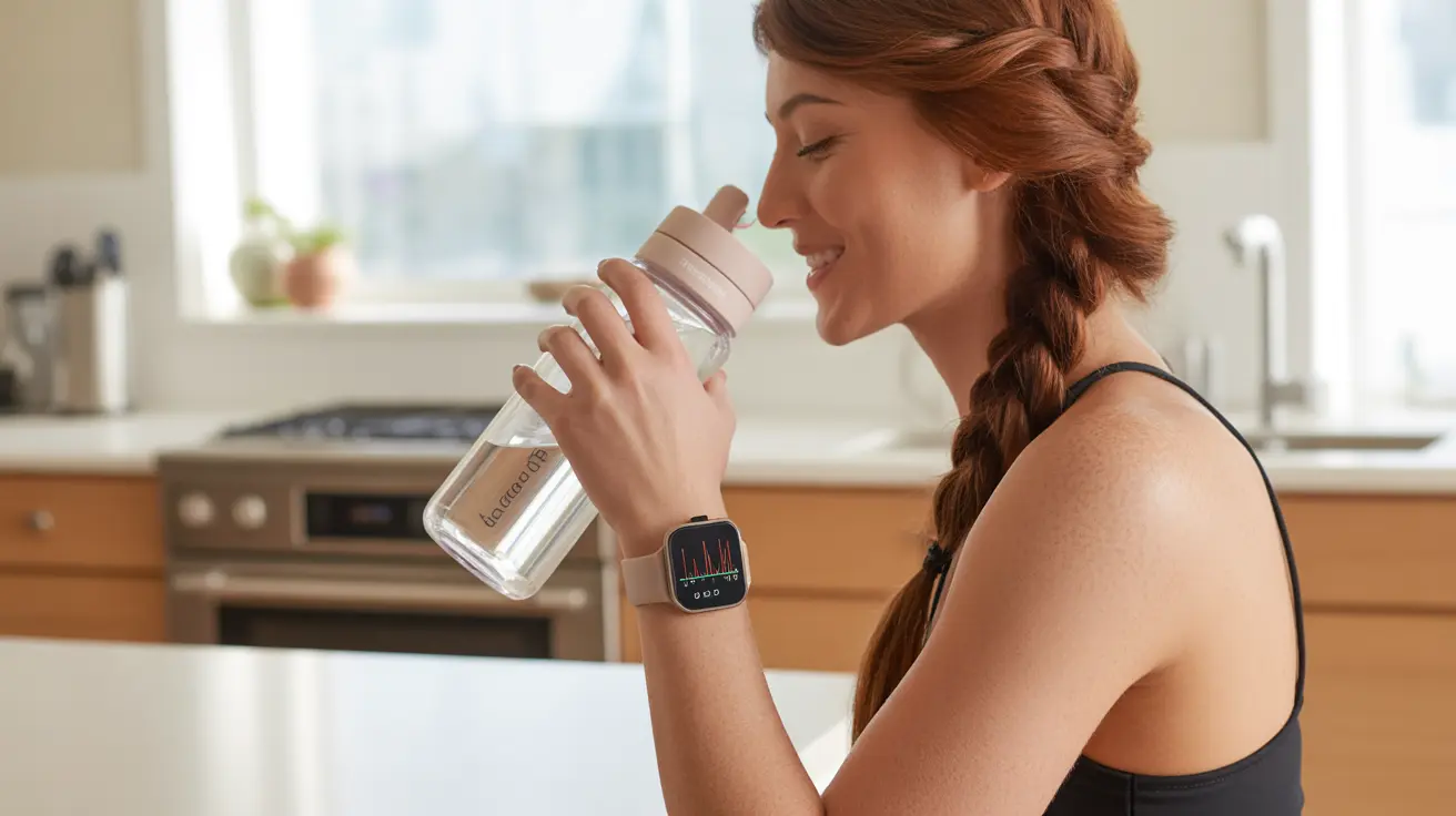 Person in modern home with smart watch and water bottle, checking health stats on smartwatch, bright setting