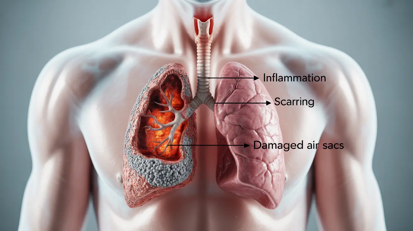 Detailed illustration of human lungs showing effects of smoking with annotations on inflammation, scarring, and damaged air sacs against a white background