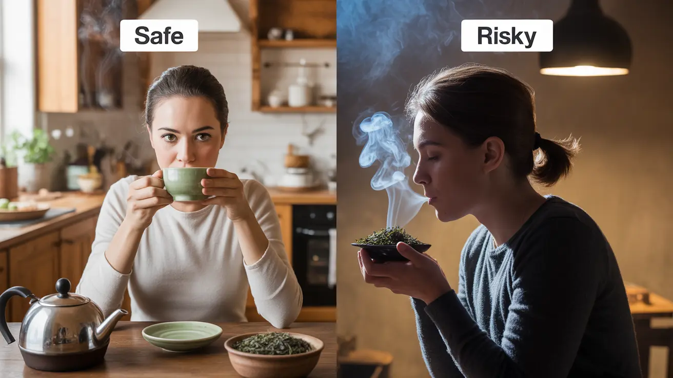 Illustration showing two contrasting scenes: one person drinking green tea labeled 'Safe' in a warm kitchen, another smoking green tea labeled 'Risky' with visible smoke; bright and cautionary tone highlights safety
