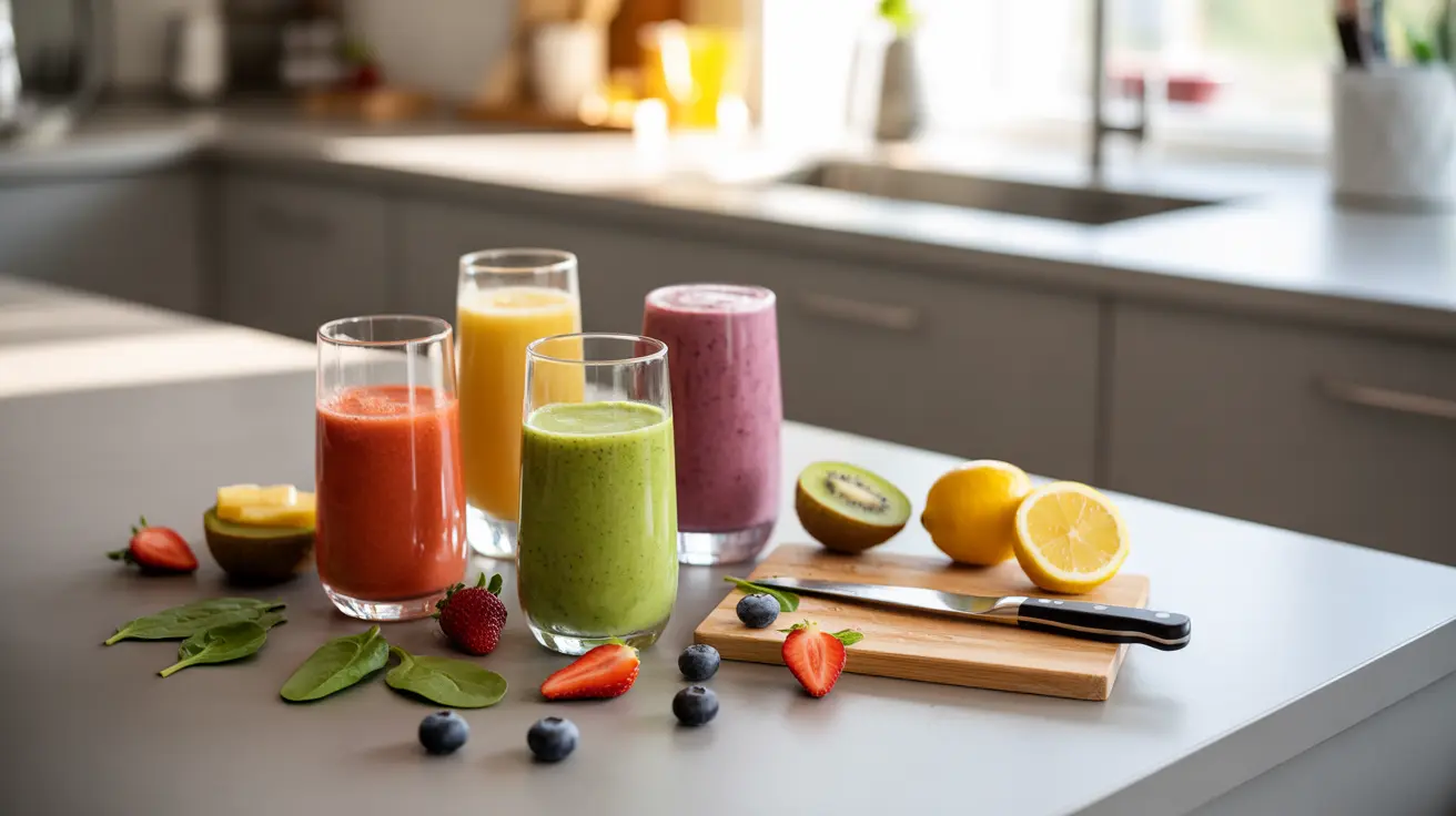 Overhead view of colorful smoothies on a kitchen counter with fresh fruits and vegetables, illuminated by natural daylight