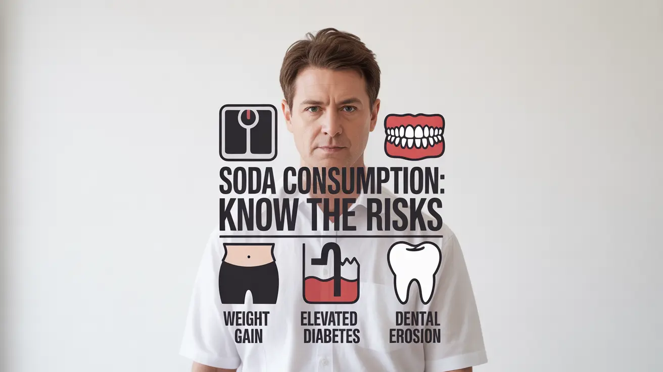 Infographic showing health impacts of soda: weight gain, diabetes, dental, with icons and clear labels on a neutral background