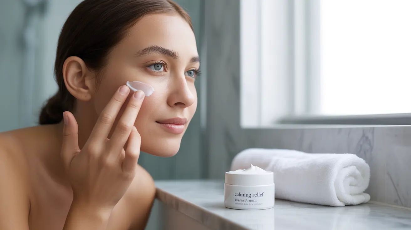 Person applying cream to red skin in a modern bathroom, with skincare products in the background