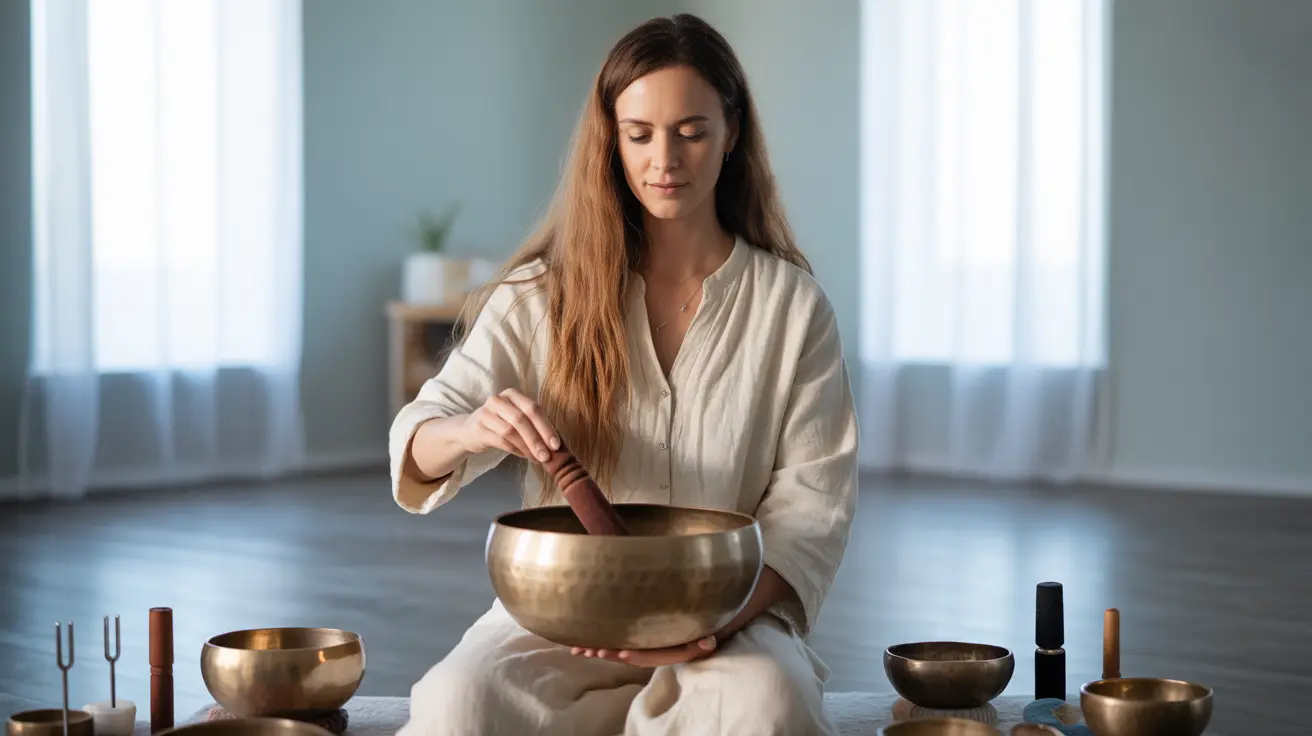 Detailed illustration of a serene wellness studio with a sound therapist conducting a session using Tibetan singing bowls and tuning forks in warm lighting.