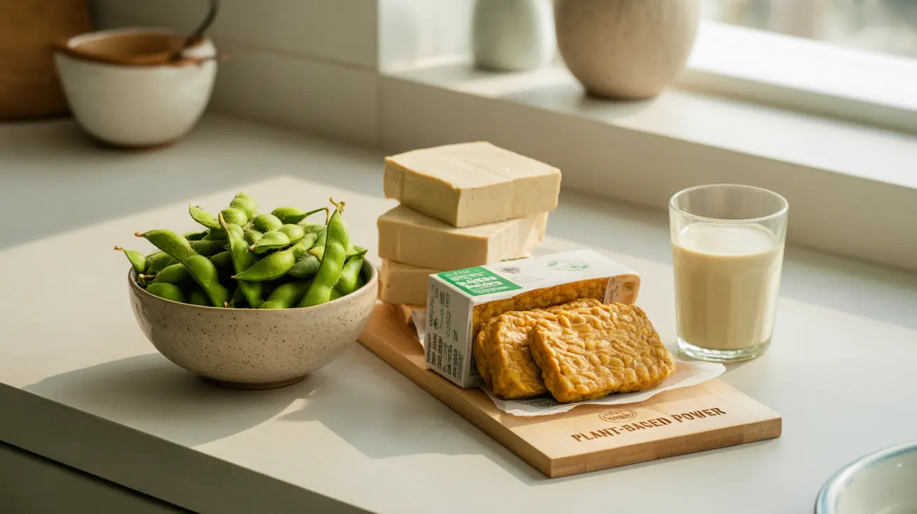 Overhead view of edamame, tofu, tempeh, and soy milk on kitchen counter, showcasing texture and color variety