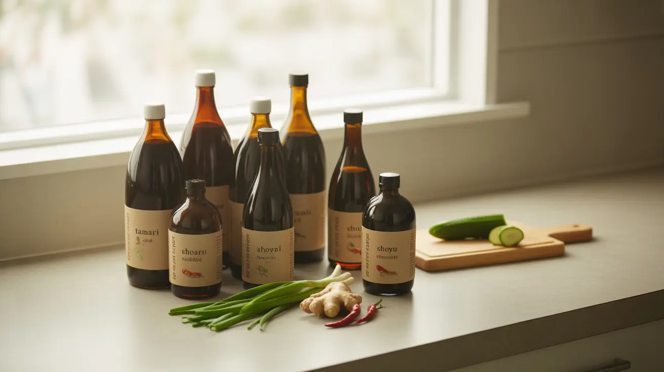 Close-up shot of various soy sauce bottles on a kitchen countertop with fresh vegetables and spices, bright kitchen lighting creating a warm atmosphere.