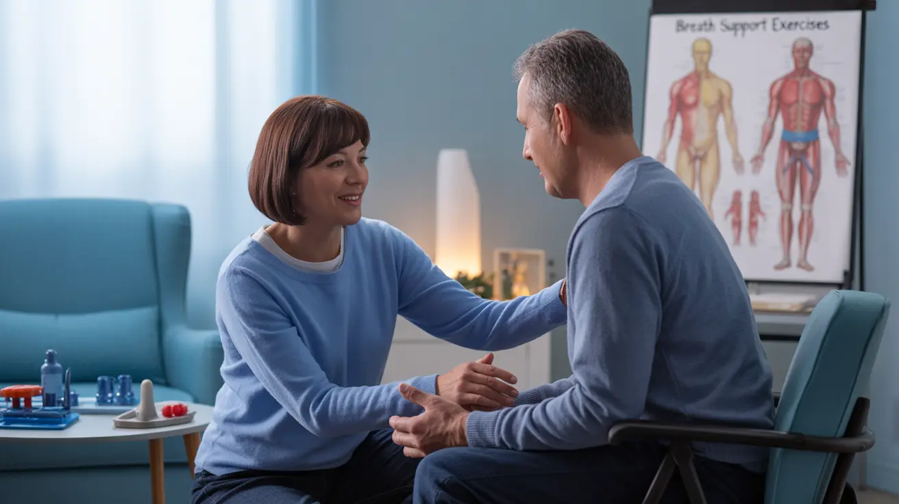 Speech-language pathologist assisting patient with breath support exercises in a clinical therapy room, with therapy tools and anatomical diagrams visible