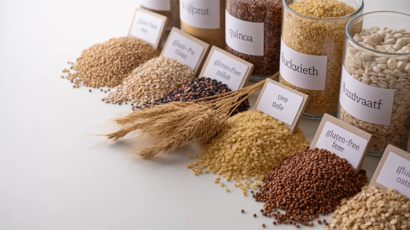 Detailed illustration of spelt grain next to labeled gluten-free grains like quinoa, buckwheat, and rice, on a neutral background.