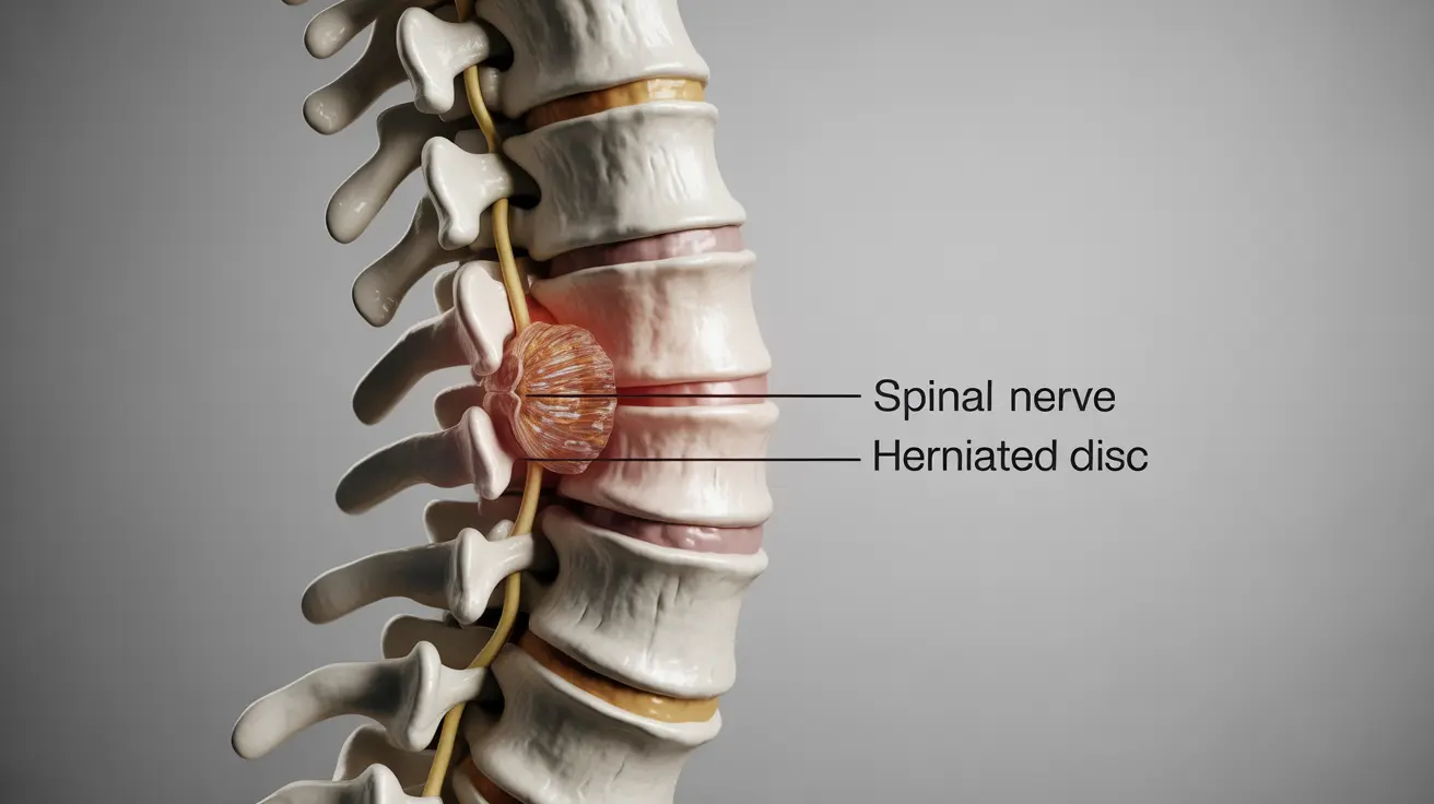 Detailed illustration of spinal anatomy with herniated disc pressing on spinal nerves, with labels in educational style.