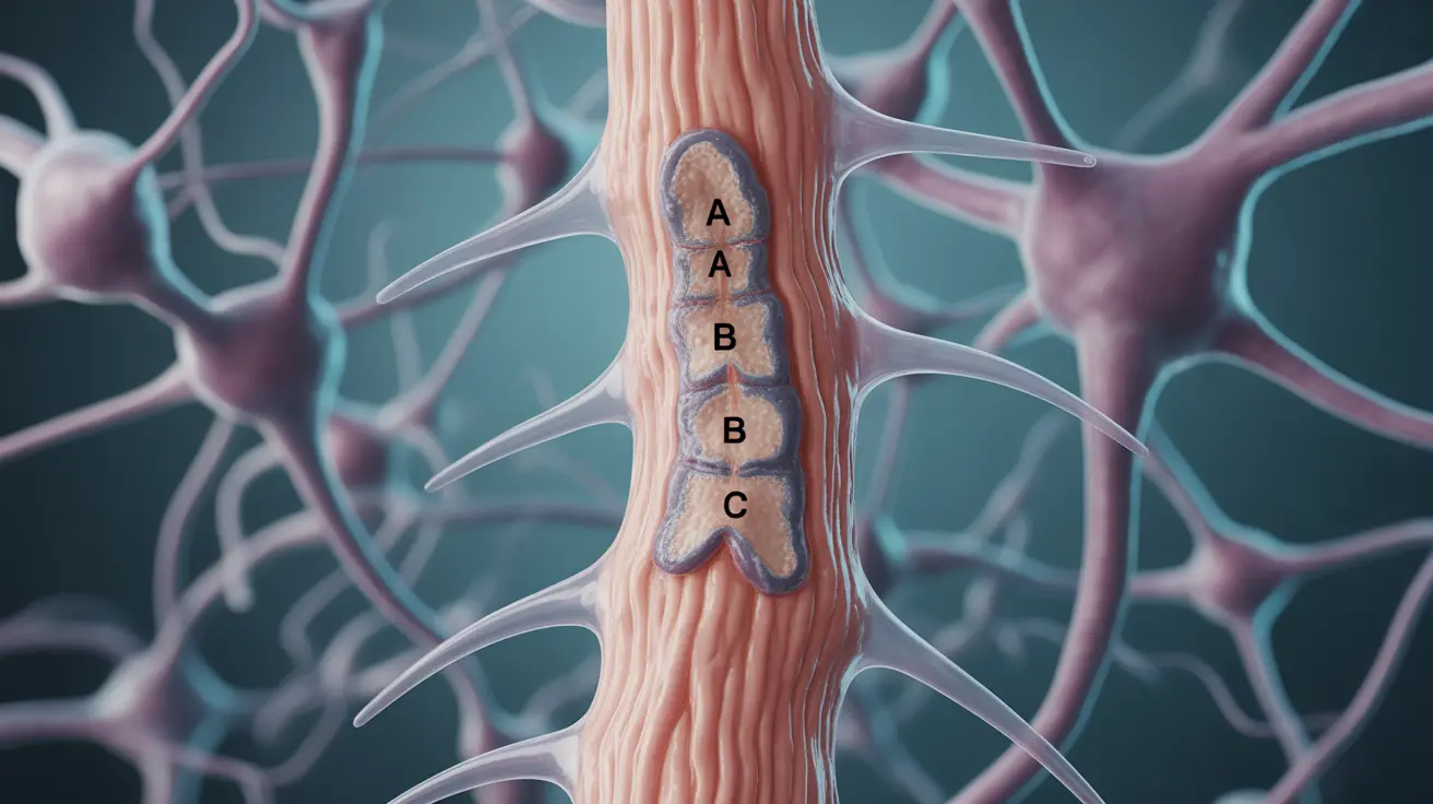 Detailed illustration of the human spinal cord showing multiple sclerosis lesions with labels against a medical-themed background