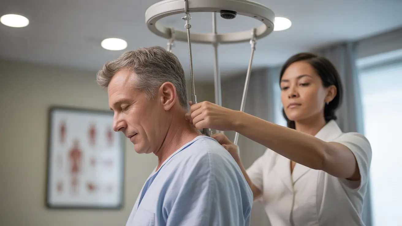 Patient undergoing spinal traction on specialized table with healthcare professional adjusting equipment, depicting spine alignment in clinical setting