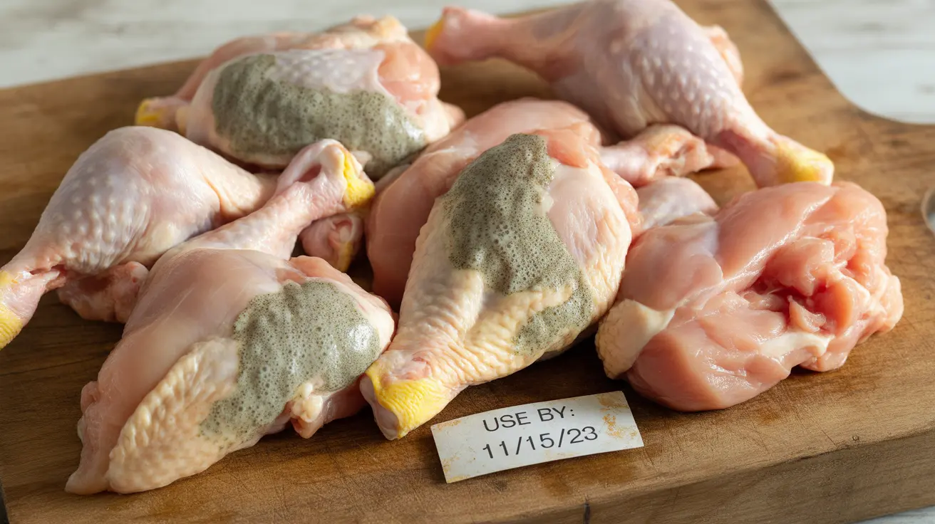 Close-up of raw chicken showing gray and green discoloration and slimy texture, indicating spoilage, on a kitchen cutting board.