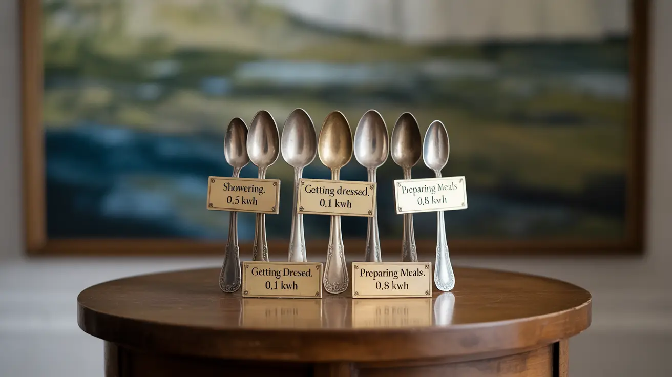 Detailed illustration of a table with various spoons labeled with energy costs for daily tasks, such as showering, getting dressed, and preparing meals, set against a calm abstract background, soft lighting, informative mood.