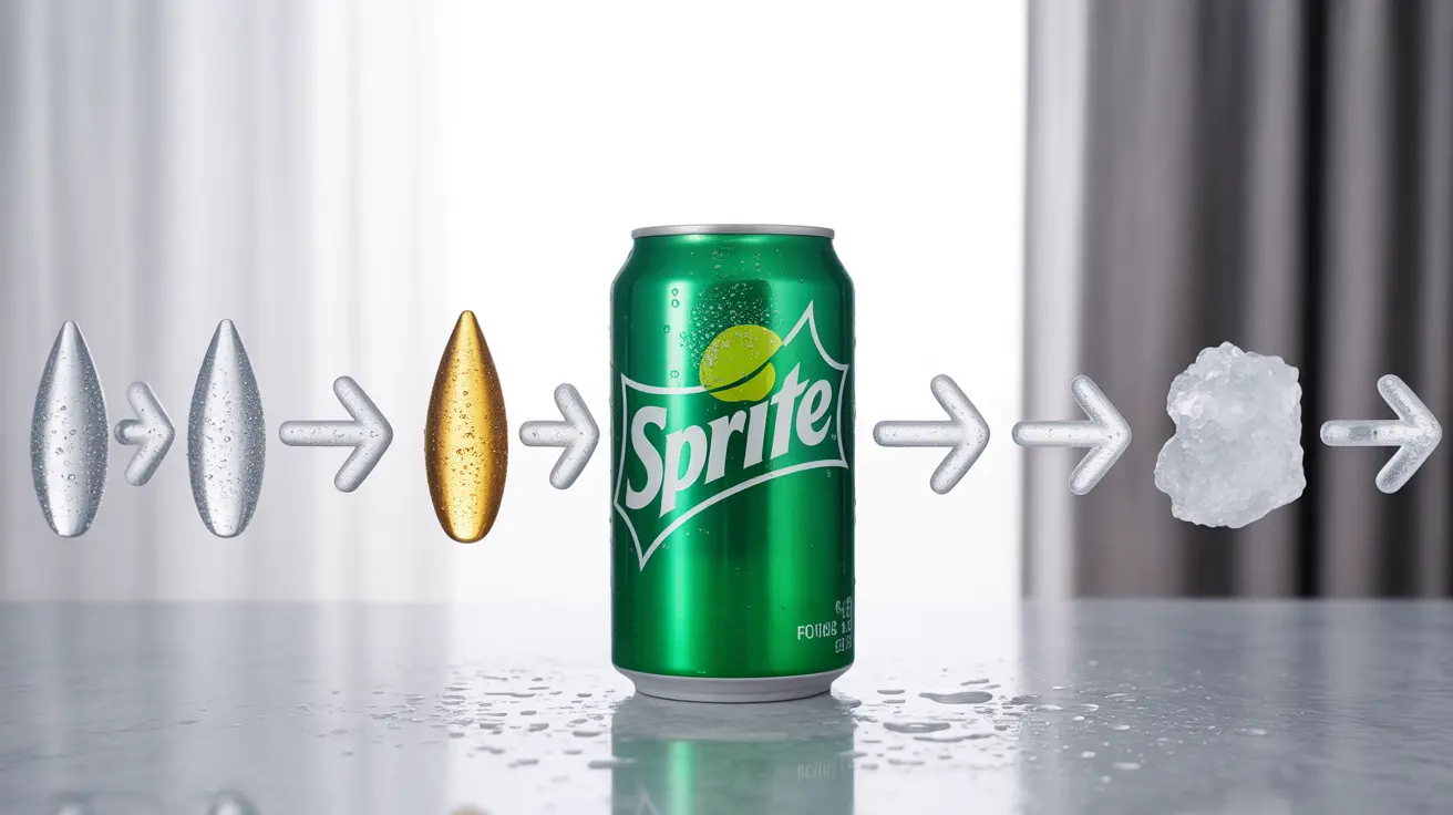Detailed illustration of a Sprite beverage can against a clean, minimalist background, featuring a breakdown of its ingredients visually represented around the can with arrows indicating energy effects.