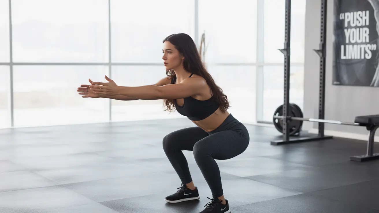 Person in athletic wear performing a squat with correct form in a bright, organized gym space