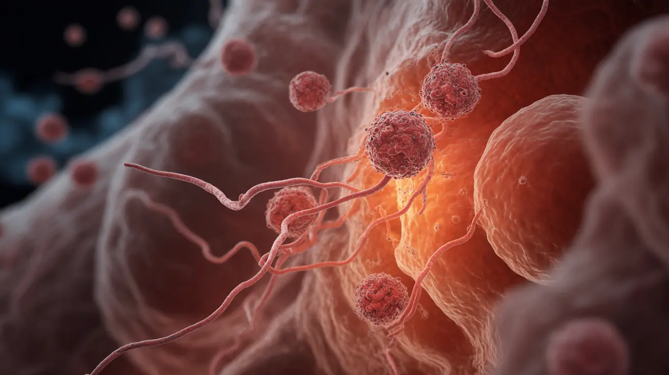 Microscopic view of melanoma cells spreading to lymph nodes, lungs, liver, brain, and bones, illustrating pathways of cancer movement