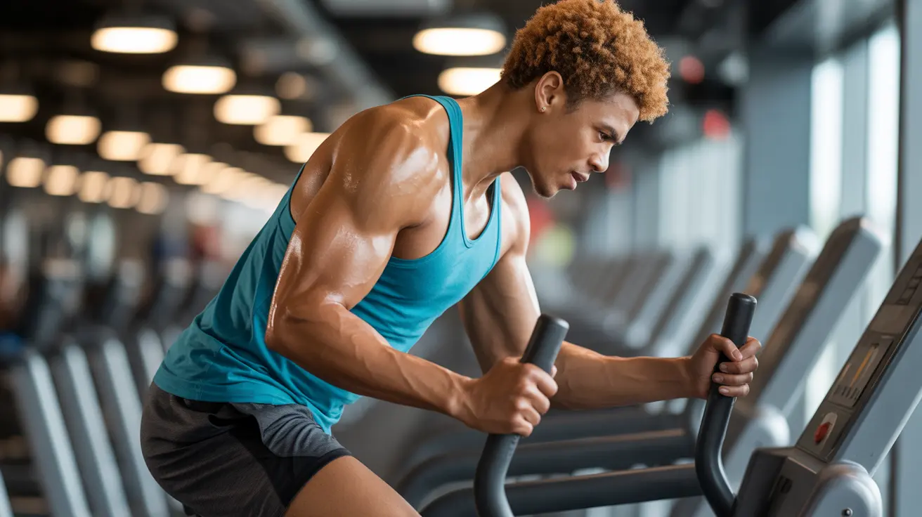 Diverse individual using a StairMaster in a well-lit gym, focused on targeting lower body muscles with fitness equipment in the background.