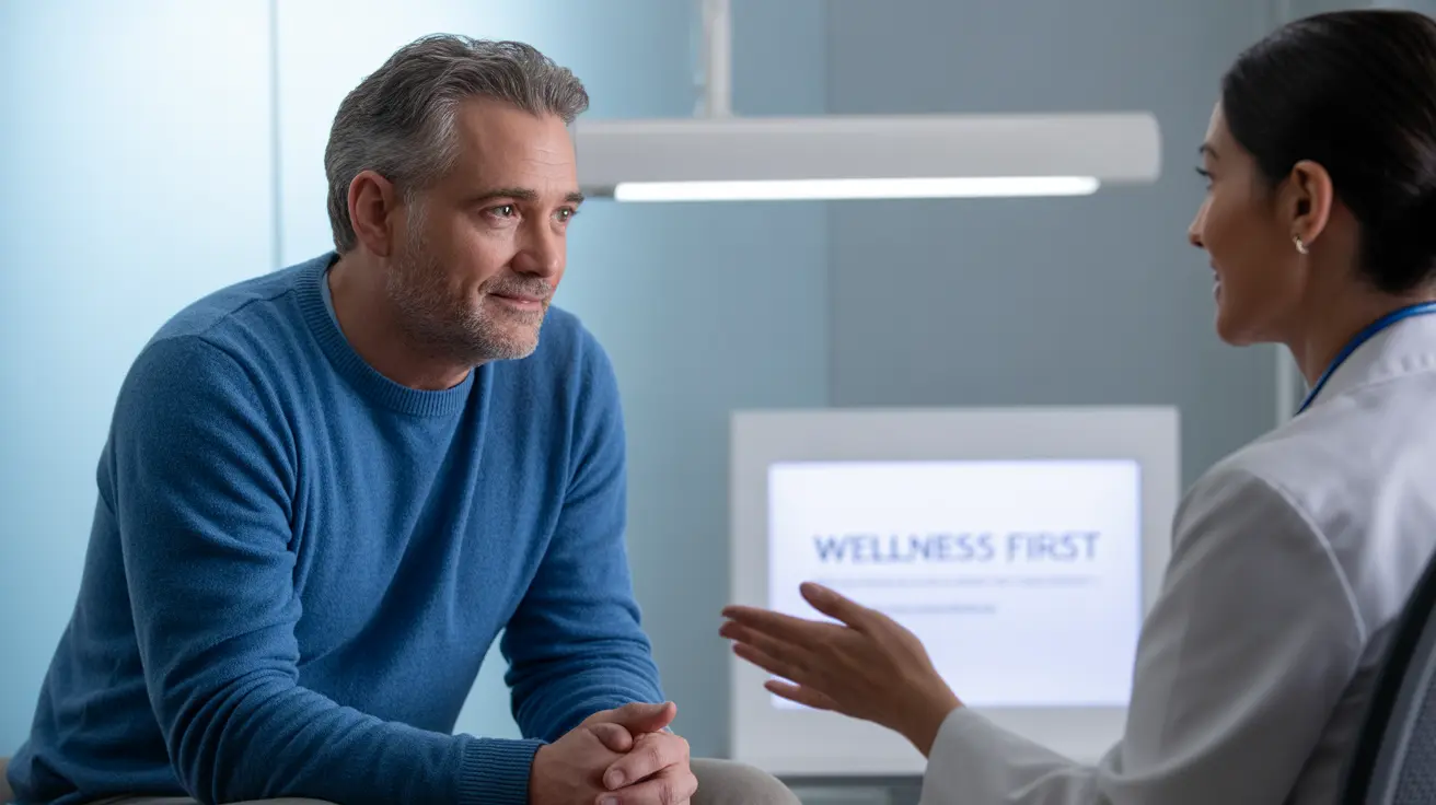 Middle-aged man consulting with healthcare provider in clinical setting, open communication