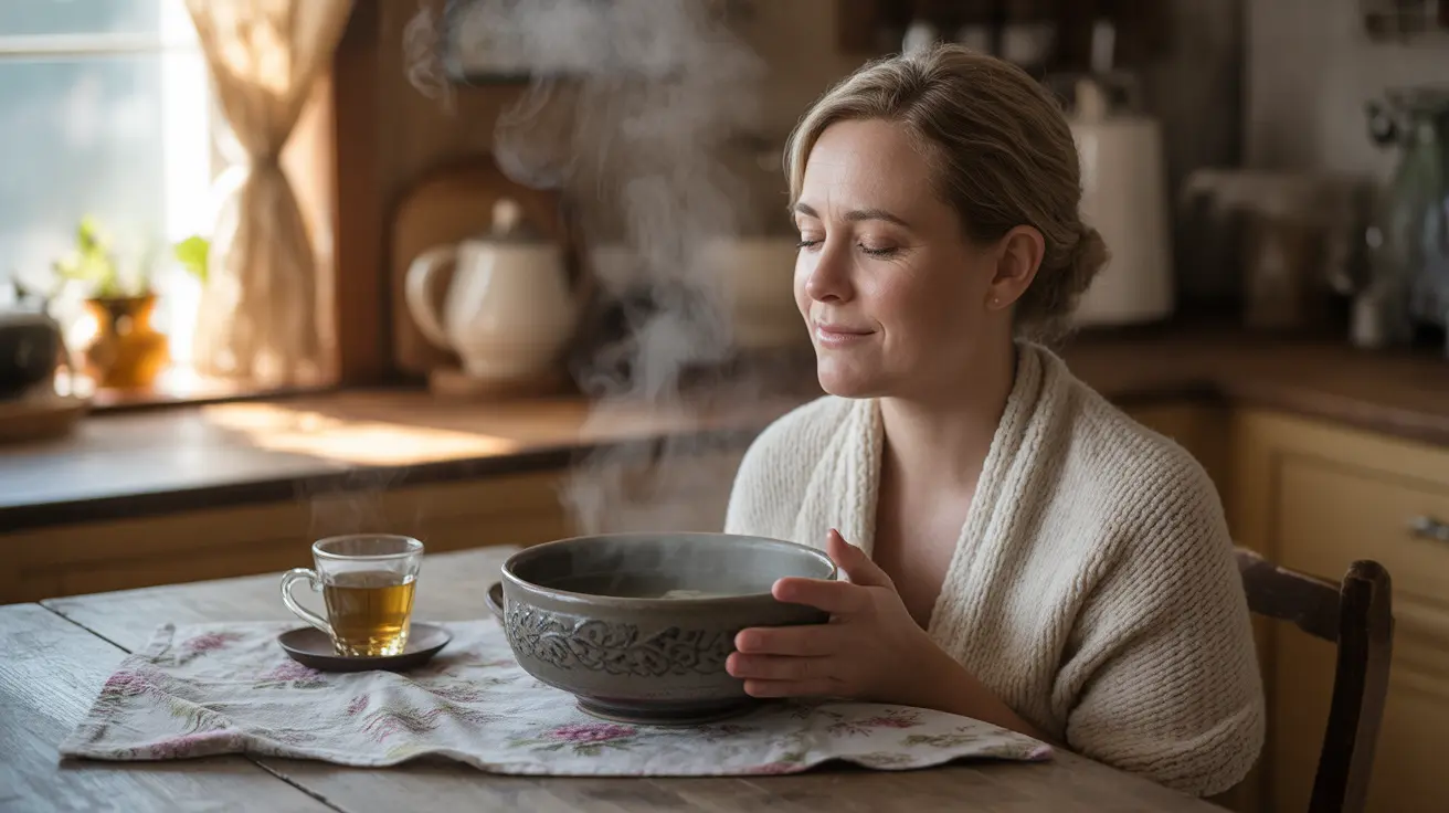 Person inhaling steam over bowl at home, covered with towel, relaxed atmosphere