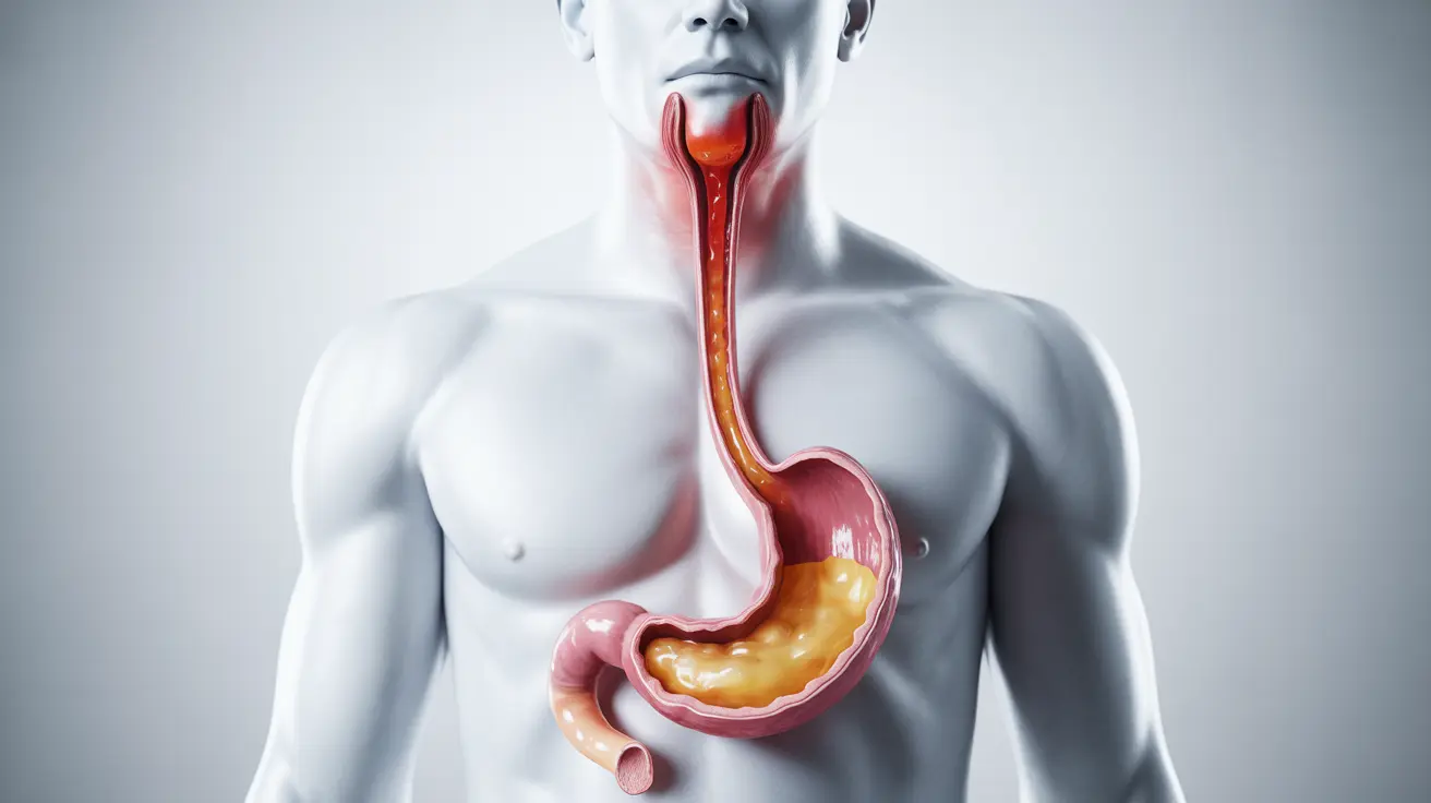 Illustration showing stomach acid refluxing into esophagus, labeled key areas, on white background, clinical mood