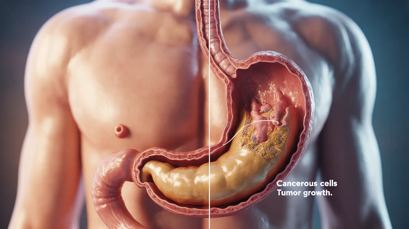 Detailed illustration showing stomach cancer with tumors on one side and stomach ulcers with sores on the other, labeled symptoms in clinical style.