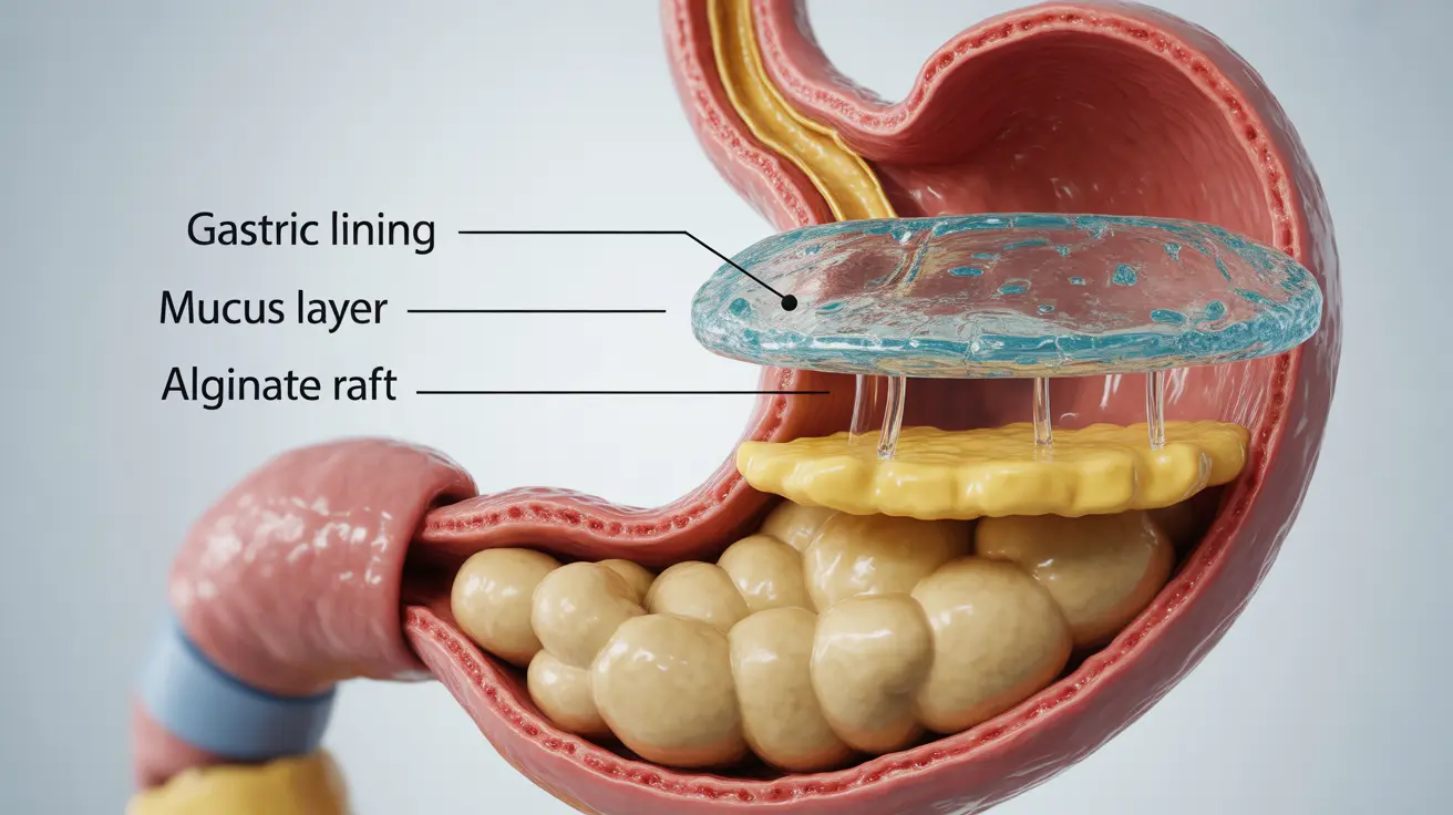 Detailed illustration of human stomach with alginate raft on top, labeled cross-sectional view, informative medical style