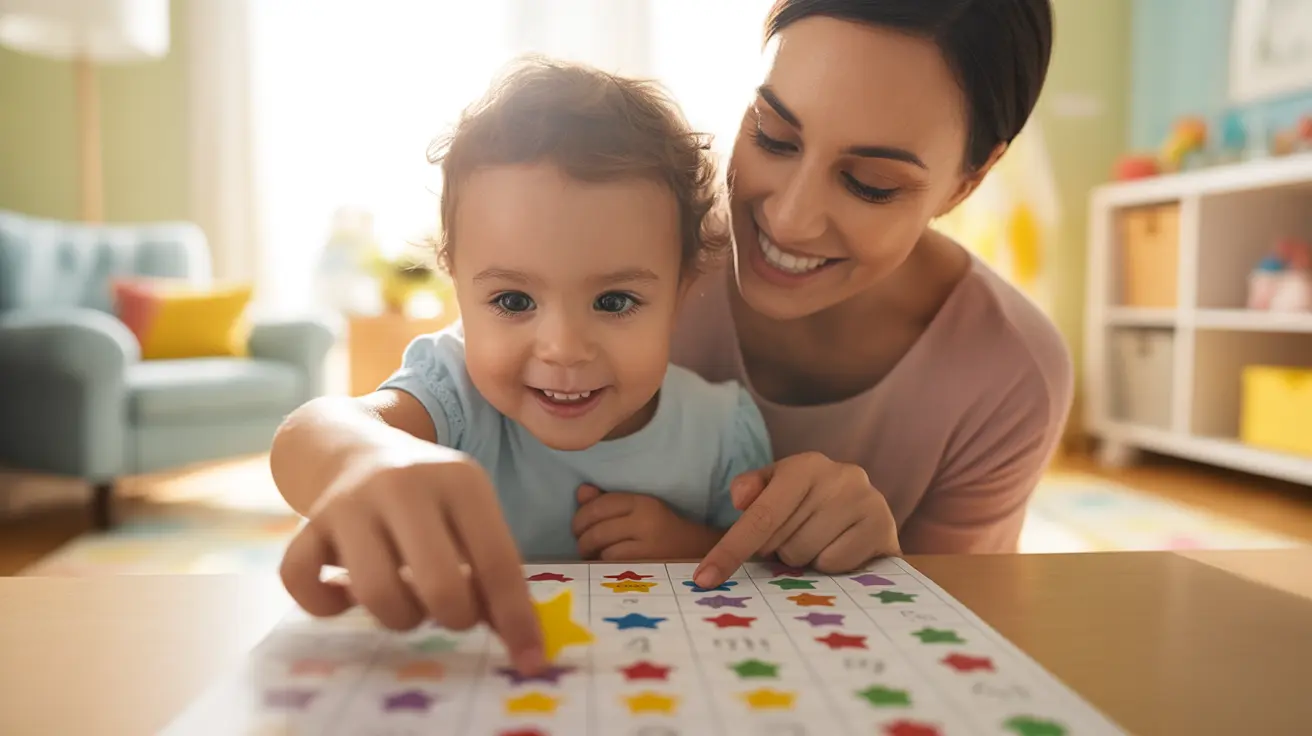 Young child and parent placing stickers on a reward chart in a cozy living room, creating a positive and encouraging atmosphere