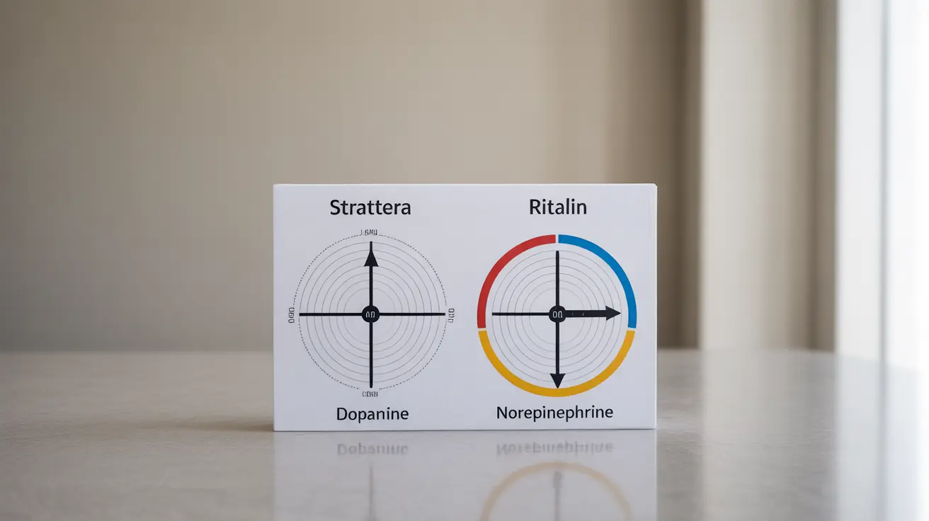 Detailed illustration comparing Strattera and Ritalin mechanisms of action, highlighting dopamine and norepinephrine levels for ADHD management.