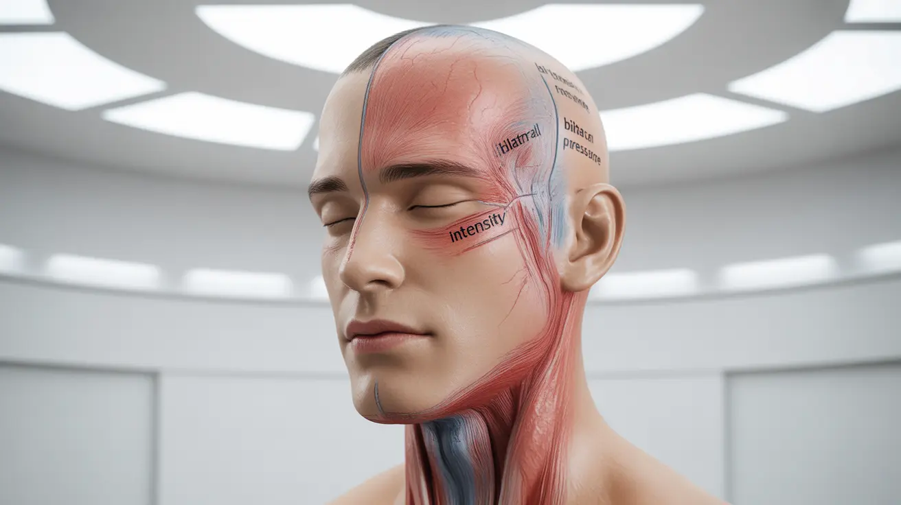Detailed illustration of a human head with highlighted areas for stress headaches: forehead, temples, back of the head, and neck.