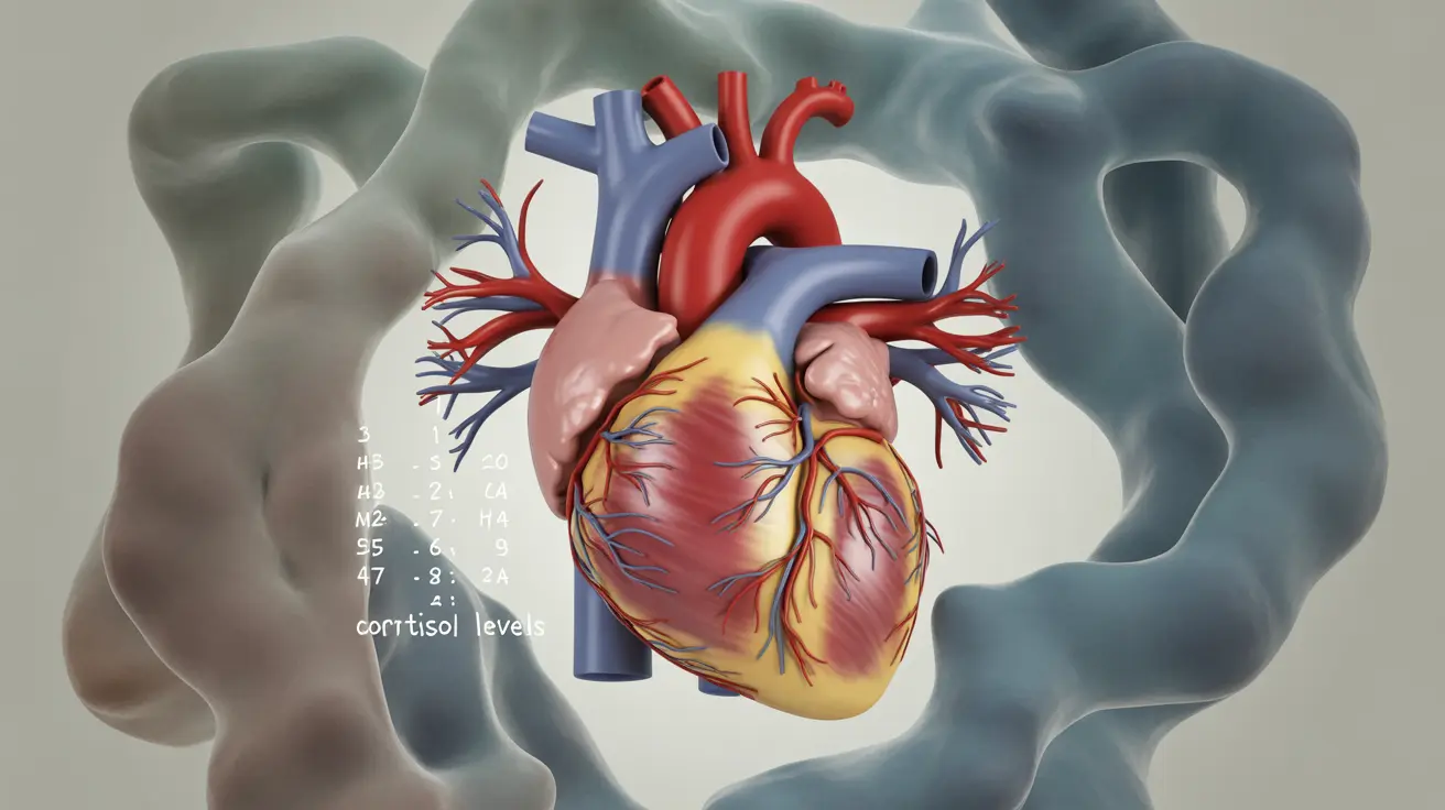 Detailed illustration of human heart showing stress hormone effects, abstract background, scientific style