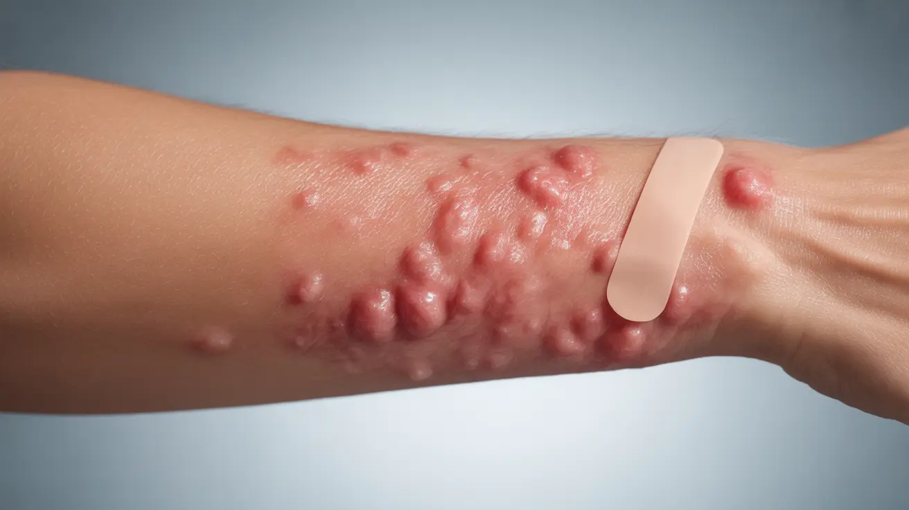Illustration of human arm with red welts depicting stress-induced urticaria in a clinical style background