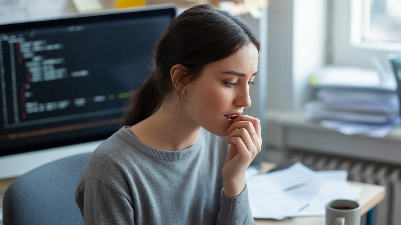Person gently biting lip in office setting, suggesting stress, with soft lighting and blurred background elements like papers and a screen.
