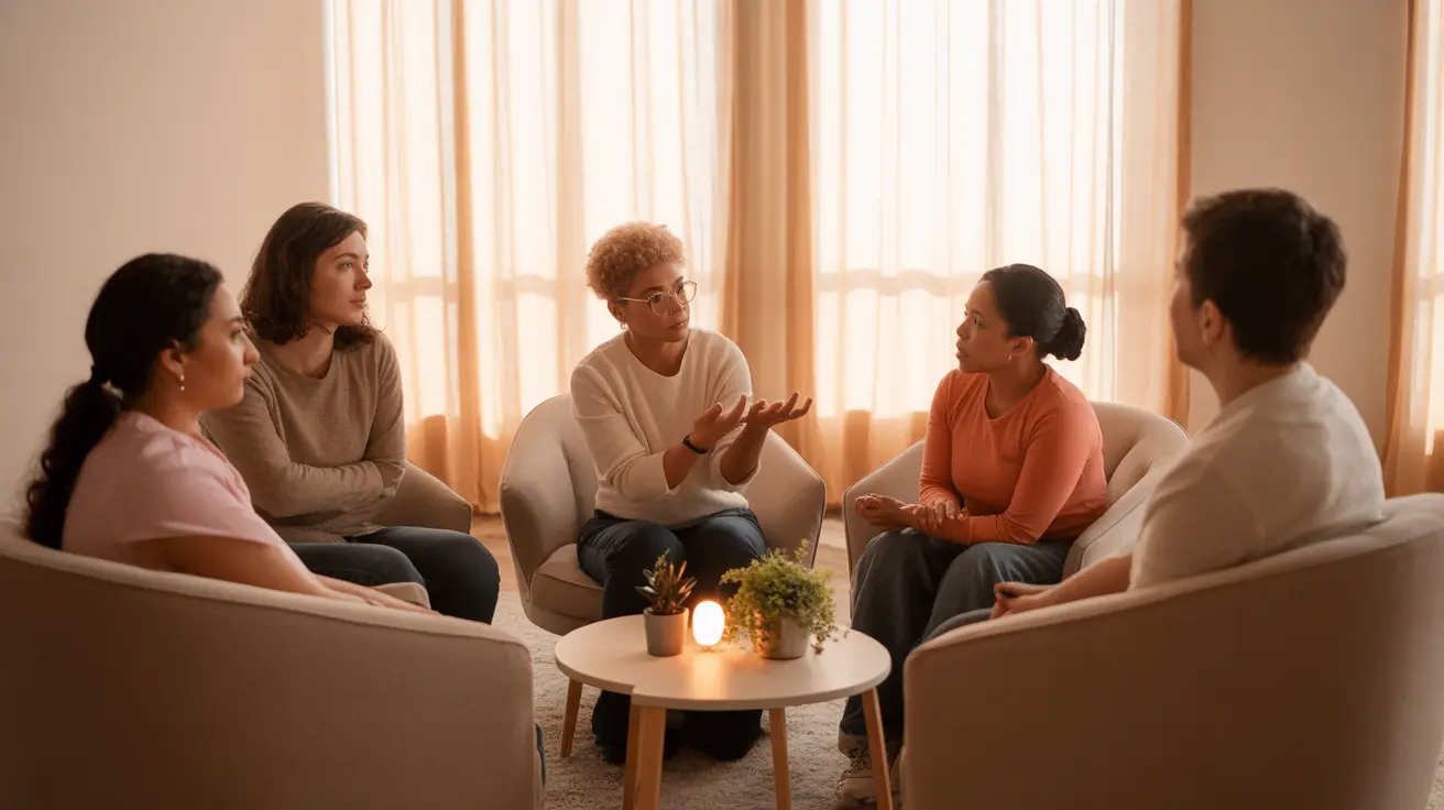 A diverse group of adults in a circle participating in a stress management therapy session with a professional therapist in a cozy room.