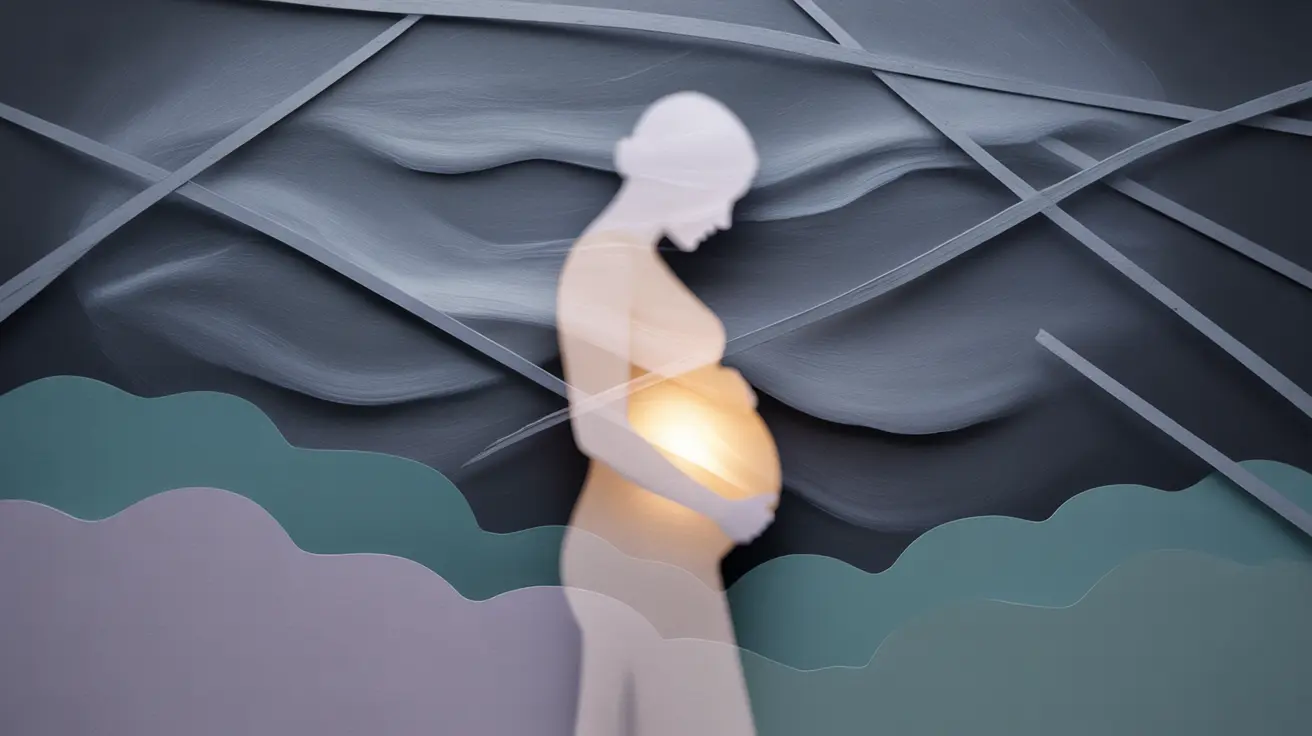 Abstract image with dark swirling clouds, jagged lines, and a glowing silhouette of a pregnant figure, symbolizing stress impacts