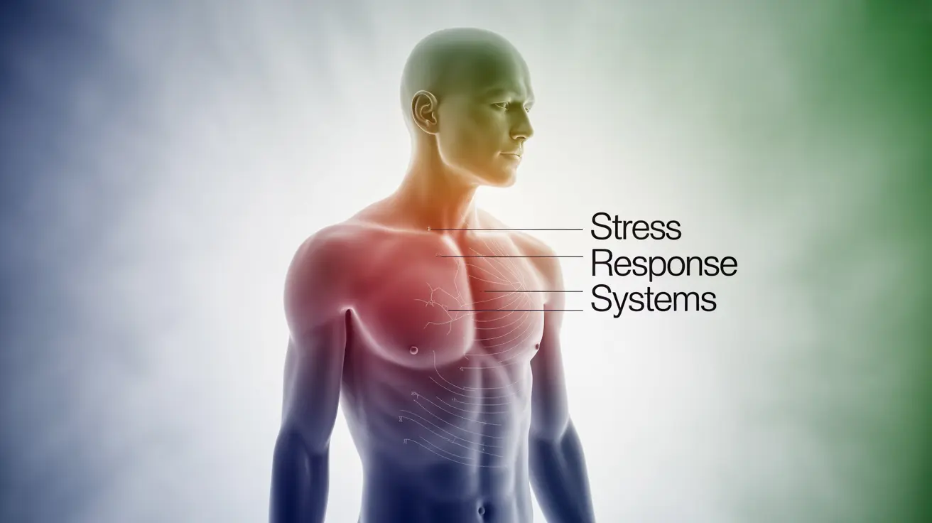 Human silhouette with stress symptoms highlighted, muscle tension, cardiovascular changes, digestive impacts, labeled systems, educational annotations on gradient background