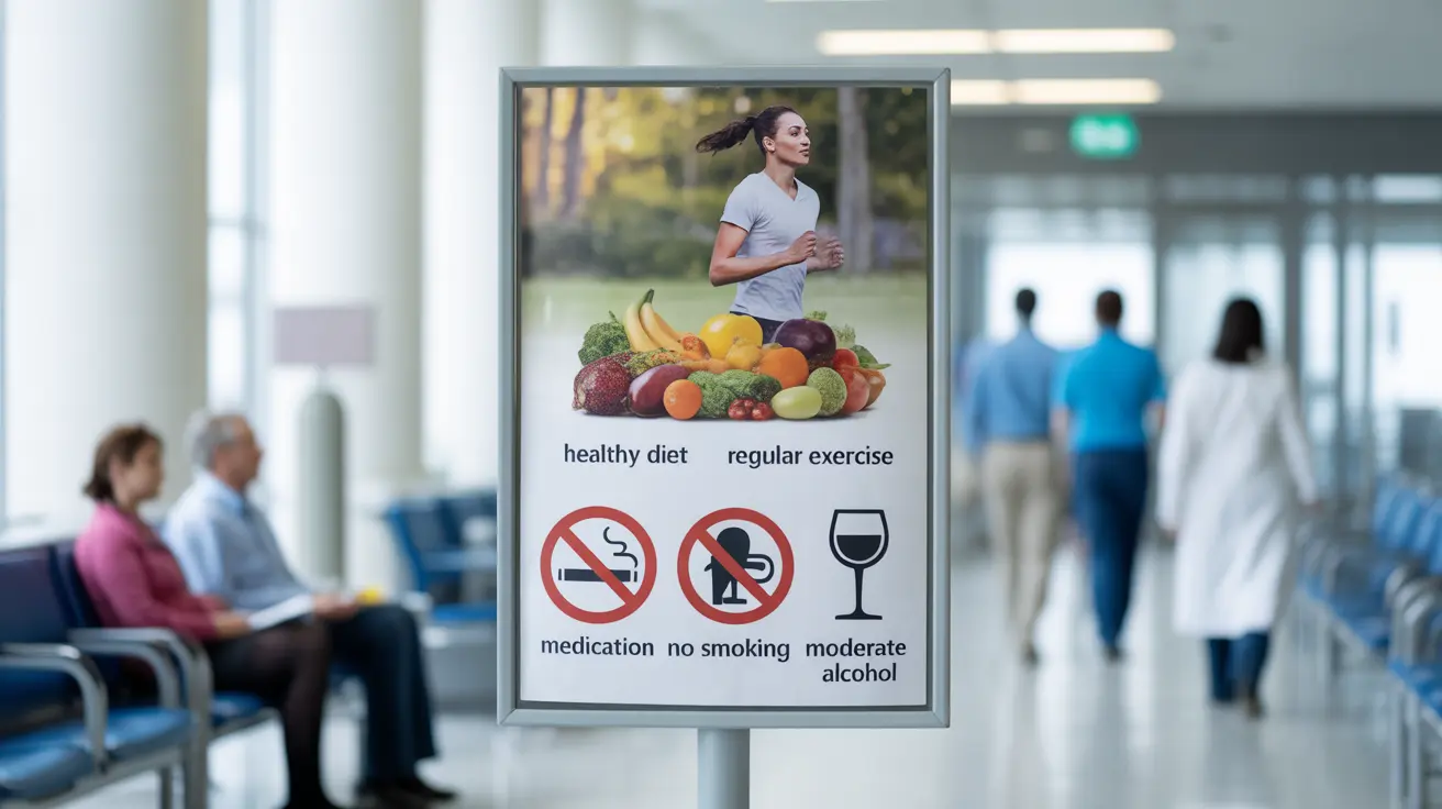 Illustration showing lifestyle modifications for stroke prevention after TIA with elements like healthy diet, jogging, medication, no-smoking, alcohol moderation in bright clinical lighting