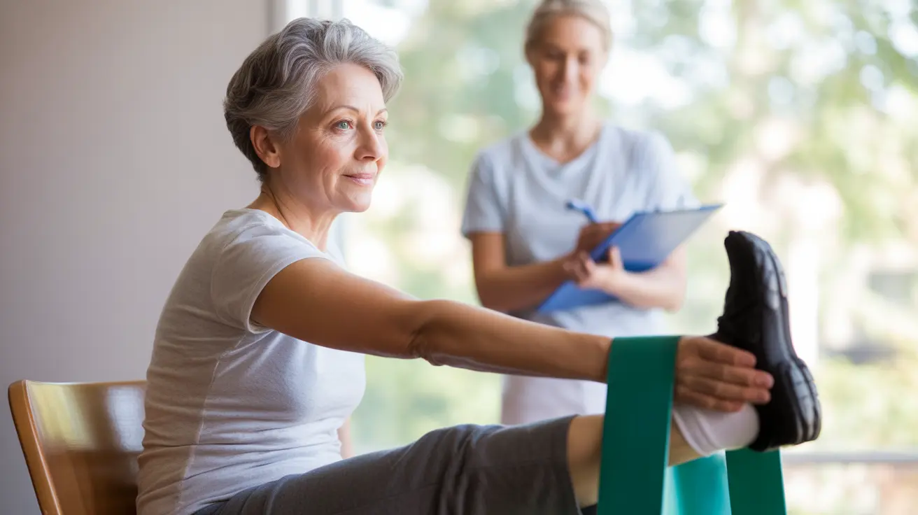 Stroke survivor performing gentle stretching exercises in a rehabilitation center, with supportive equipment and a physical therapist assisting.